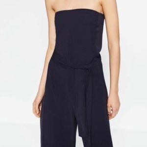 ZARA Strapless Silky Navy Jumpsuit